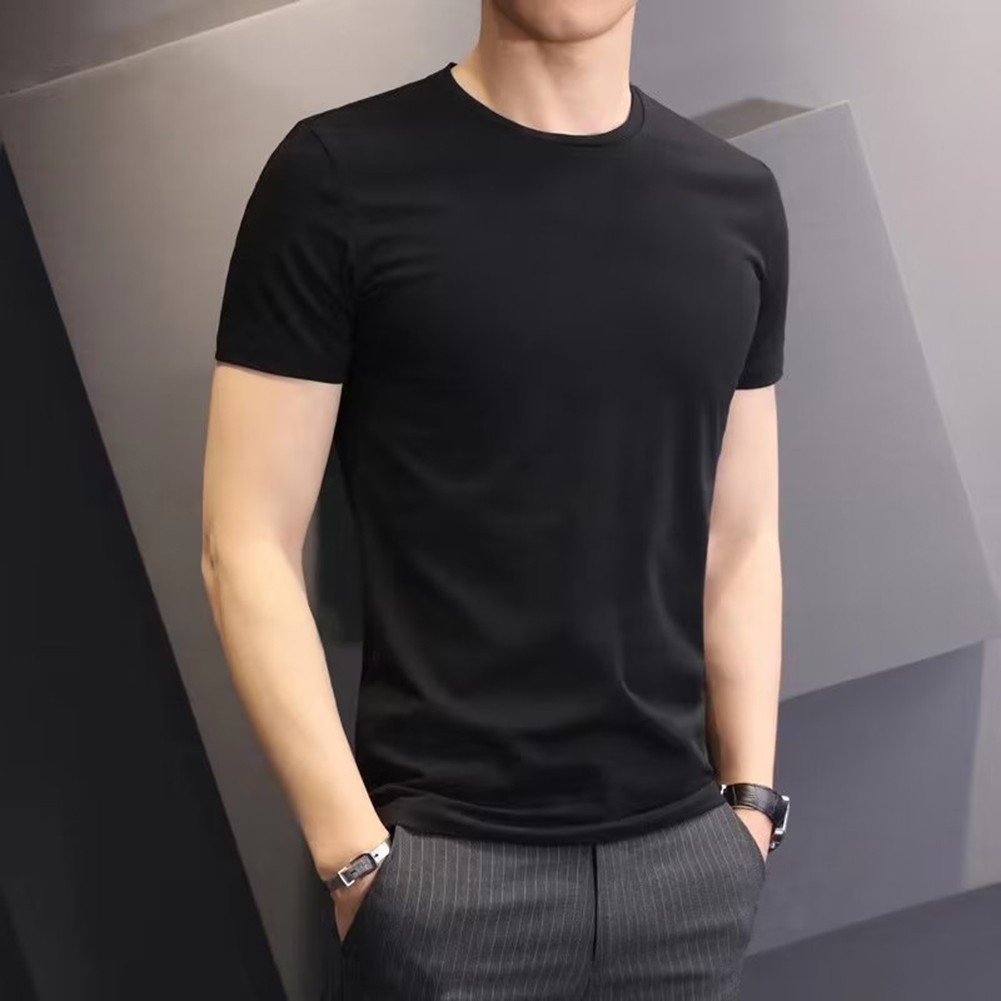 Fashionable Men's Slim Fit Round Neck Bottoming Tee Solid Short Sleeves - Picture 15 of 25
