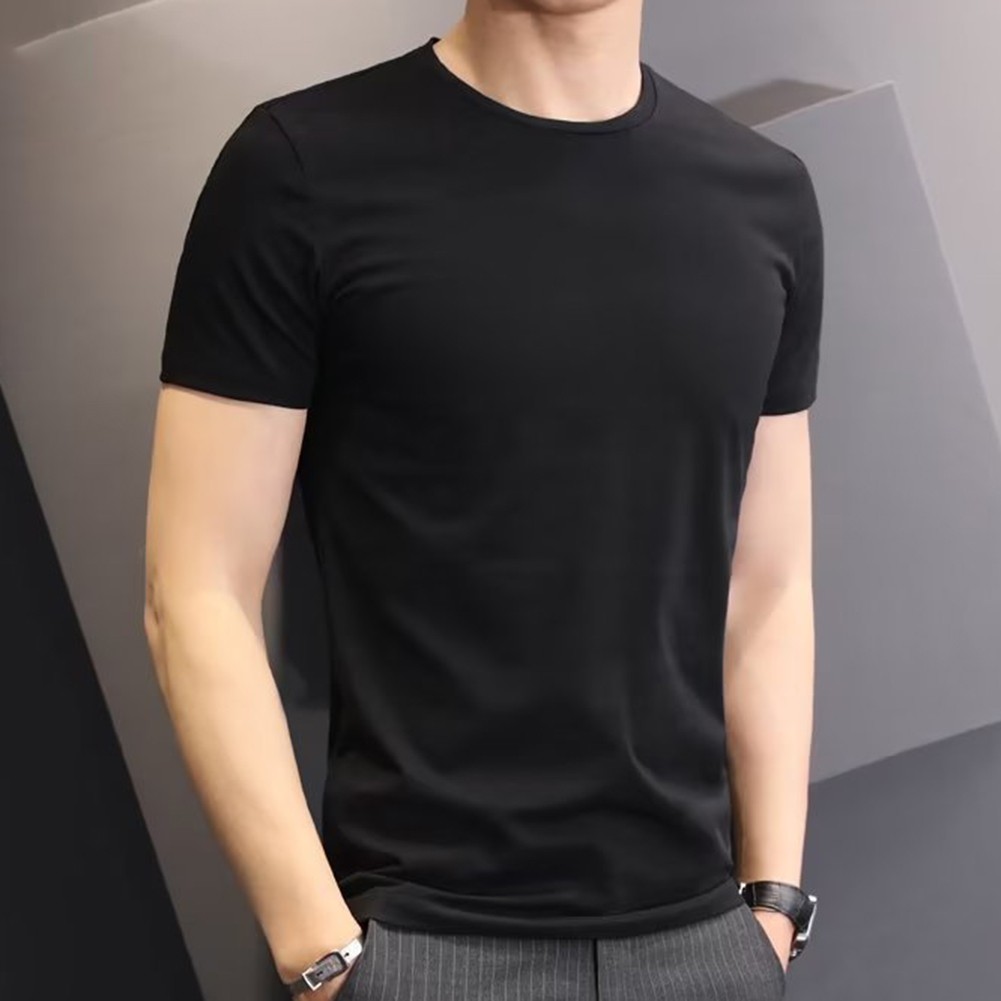 Fashionable Men's Slim Fit Round Neck Bottoming Tee Solid Short Sleeves - Picture 19 of 25