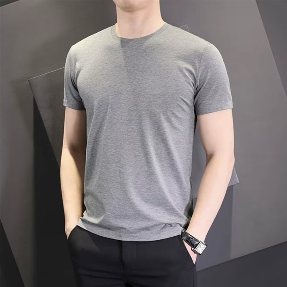 Fashionable Men's Slim Fit Round Neck Bottoming Tee Solid Short Sleeves - Picture 21 of 25