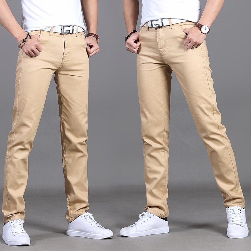 Stylish Men's Midrise Solid Straight Trousers Casual Slim Fit Chinos in Khaki - Picture 25 of 74