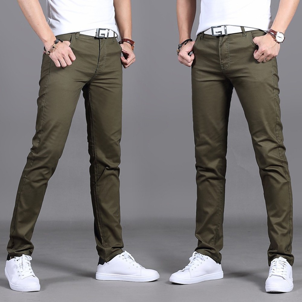 Stylish Men's Midrise Solid Straight Trousers Casual Slim Fit Chinos in Khaki - Picture 55 of 74