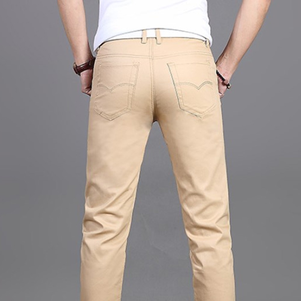 Stylish Men's Midrise Solid Straight Trousers Casual Slim Fit Chinos in Khaki - Picture 33 of 74
