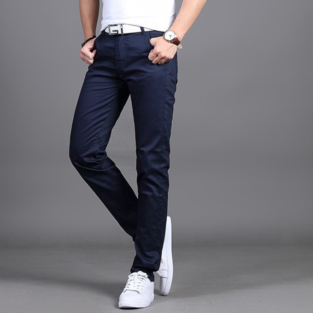 Stylish Men's Midrise Solid Straight Trousers Casual Slim Fit Chinos in Khaki - Picture 62 of 74