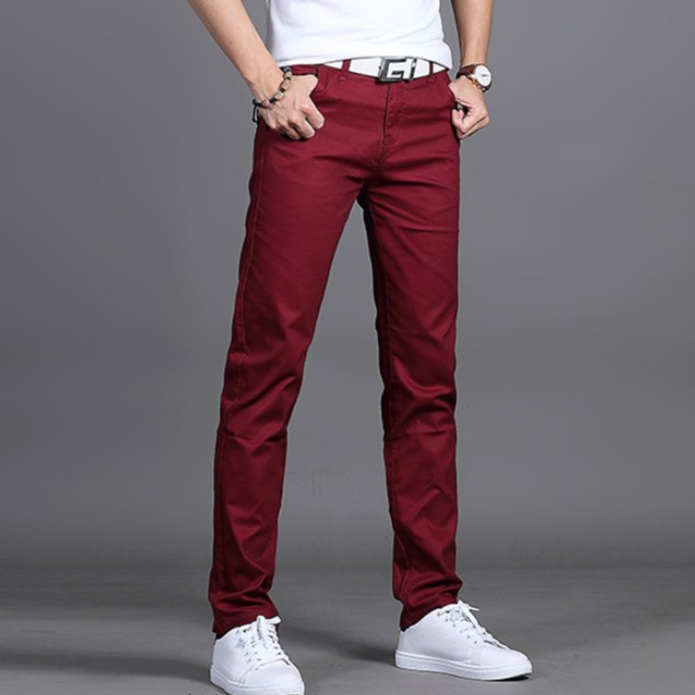 Stylish Men's Midrise Solid Straight Trousers Casual Slim Fit Chinos in Khaki - Picture 46 of 74