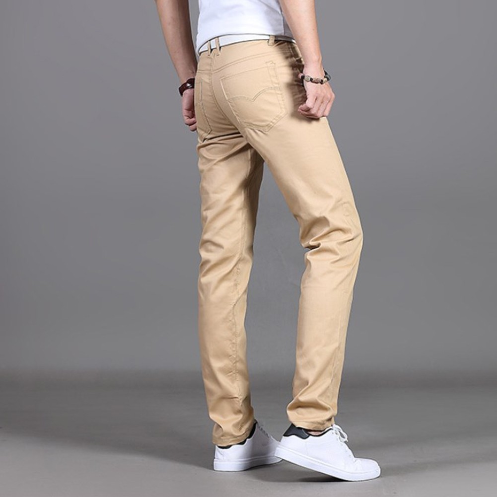Stylish Men's Midrise Solid Straight Trousers Casual Slim Fit Chinos in Khaki - Picture 32 of 74