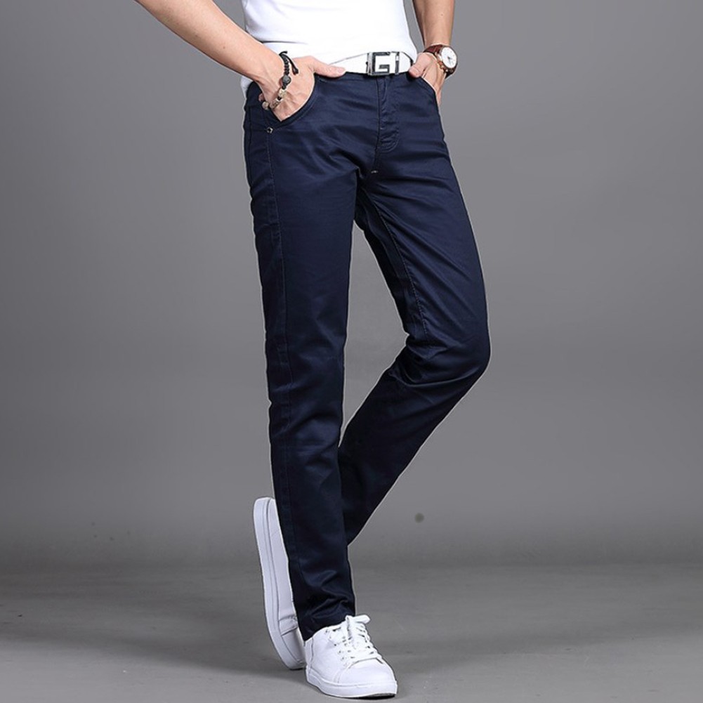 Stylish Men's Midrise Solid Straight Trousers Casual Slim Fit Chinos in Khaki - Picture 61 of 74