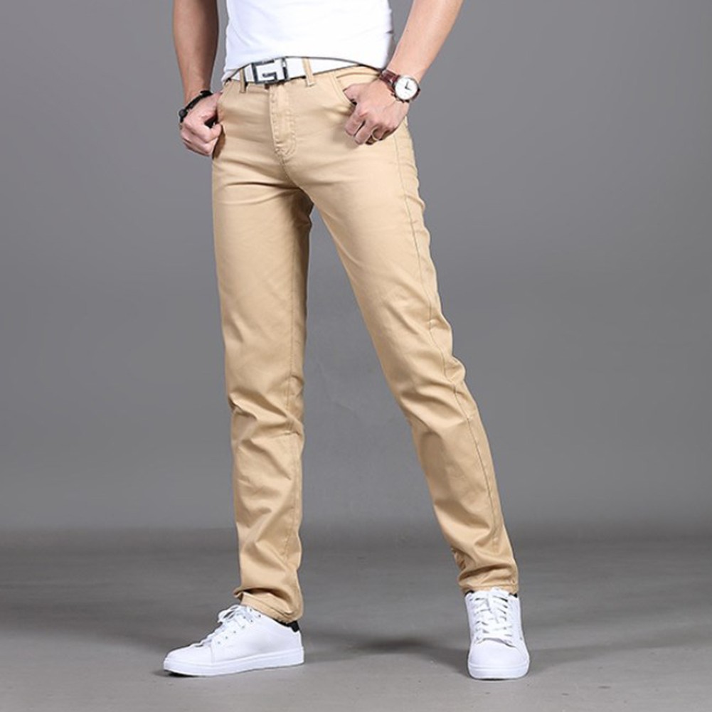 Stylish Men's Midrise Solid Straight Trousers Casual Slim Fit Chinos in Khaki - Picture 28 of 74