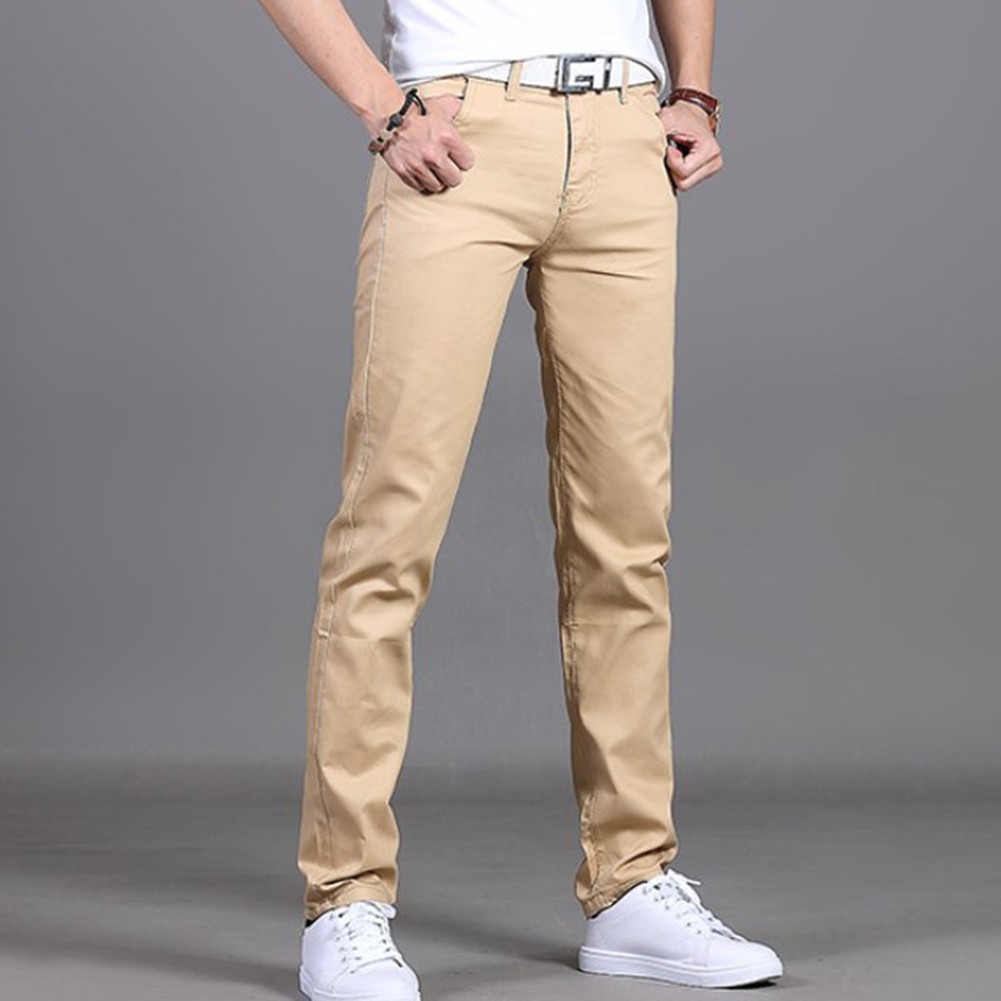 Stylish Men's Midrise Solid Straight Trousers Casual Slim Fit Chinos in Khaki - Picture 27 of 74