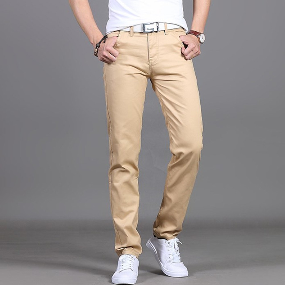 Stylish Men's Midrise Solid Straight Trousers Casual Slim Fit Chinos in Khaki - Picture 29 of 74