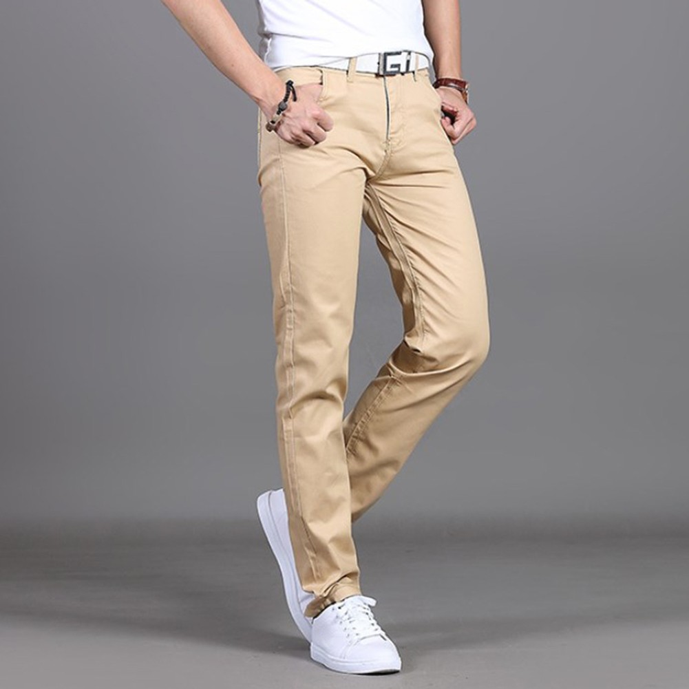 Stylish Men's Midrise Solid Straight Trousers Casual Slim Fit Chinos in Khaki - Picture 31 of 74