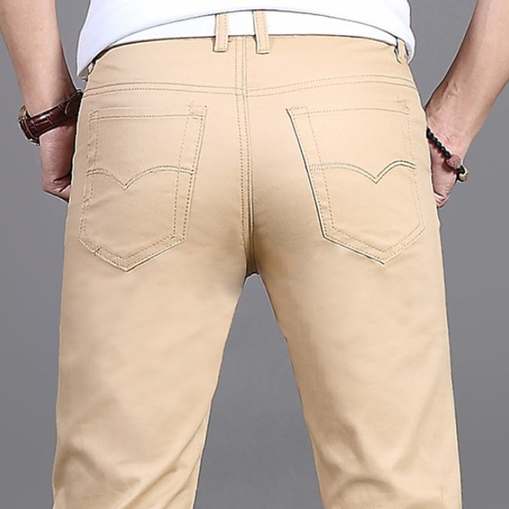 Stylish Men's Midrise Solid Straight Trousers Casual Slim Fit Chinos in Khaki - Picture 34 of 74