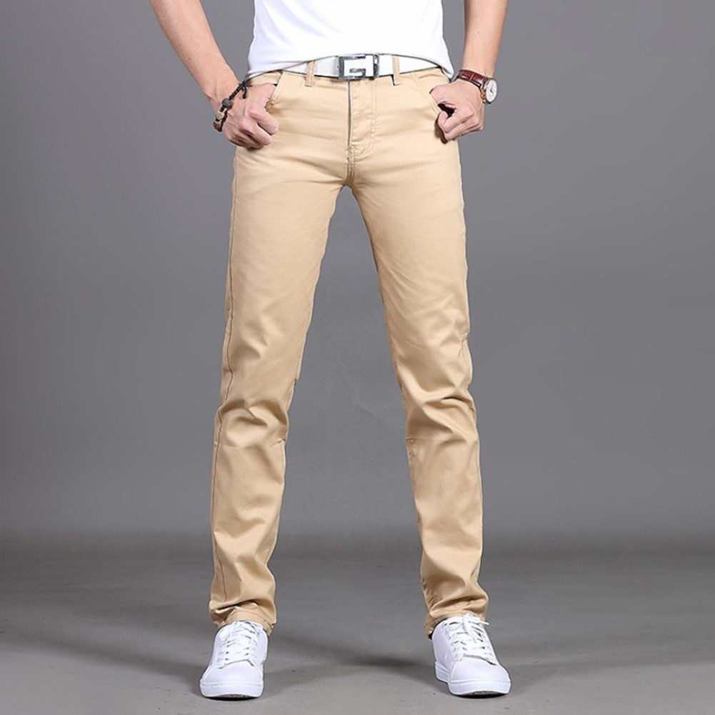 Stylish Men's Midrise Solid Straight Trousers Casual Slim Fit Chinos in Khaki - Picture 26 of 74