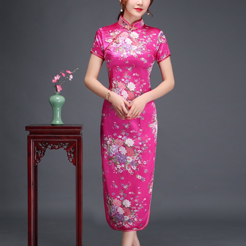 Modern Qipao Short Sleeved Long Dress in Chinese Style with Weaved Brocade - Picture 7 of 9