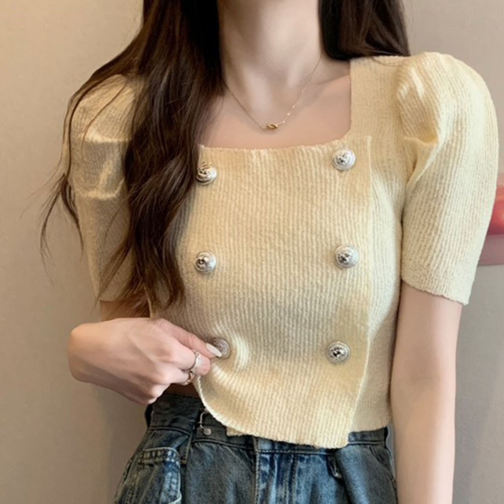 T shirt été à manches bouffantes double boutonnage en tissu vente tricoté soie gla