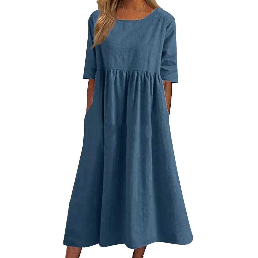 Loose Round neck Dress Cotton linen Short sleeved Pocket pleated for Women - Picture 13 of 24