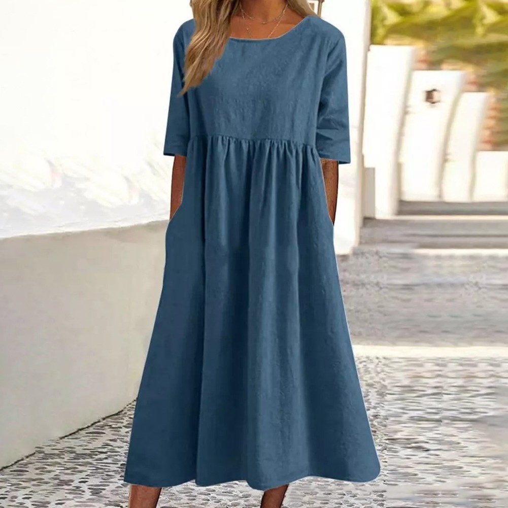 Loose Round neck Dress Cotton linen Short sleeved Pocket pleated for Women - Picture 14 of 24