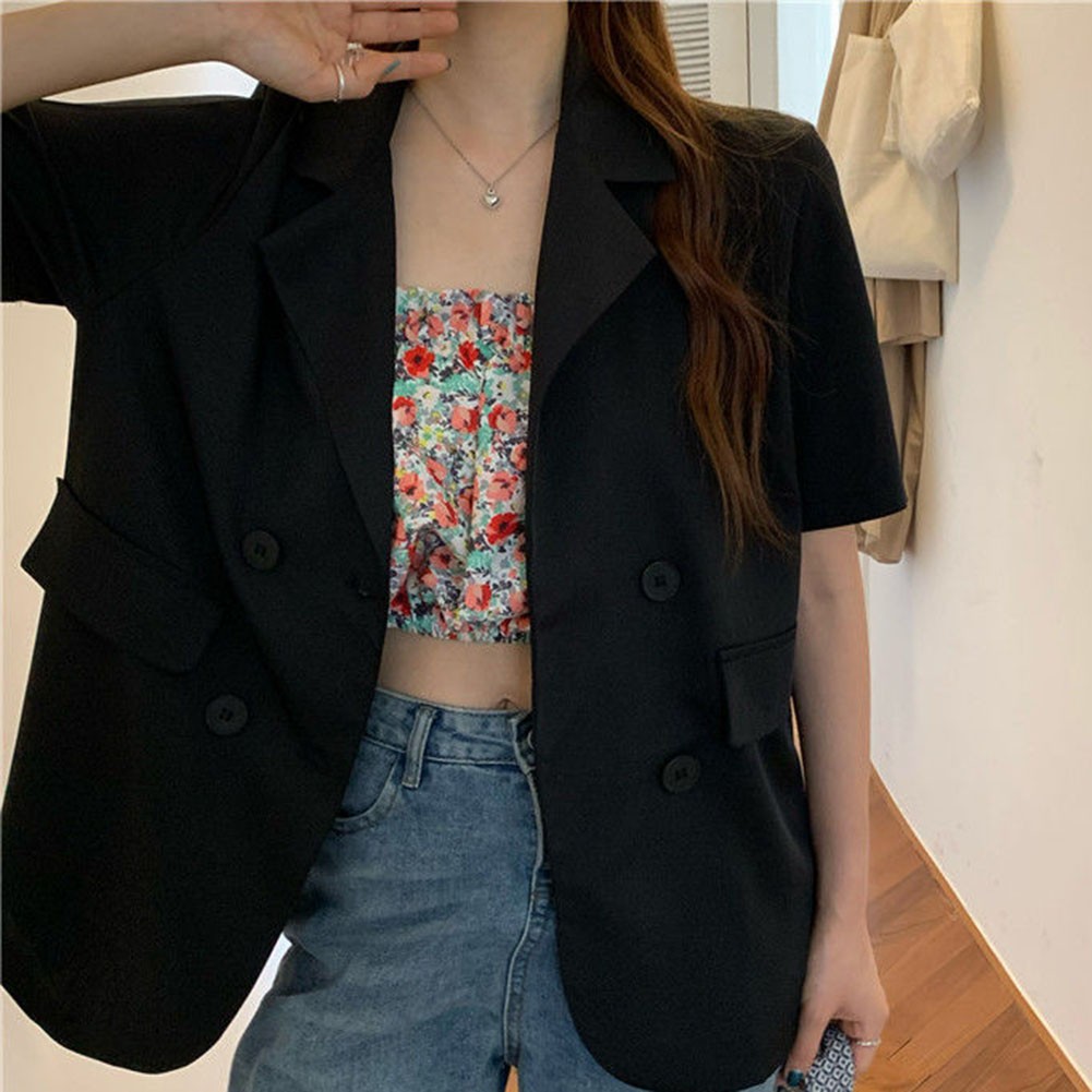 Fashionable Turn Down Collar Blazer for Women Short Sleeve Loose Jacket - Picture 13 of 14