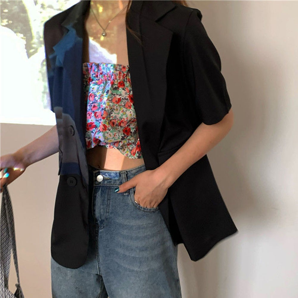 Fashionable Turn Down Collar Blazer for Women Short Sleeve Loose Jacket - Picture 14 of 14