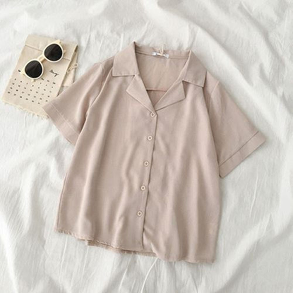 Elegant Women's Short Sleeve Blouse Korean Turndown Collar Chiffon Shirt - Picture 14 of 15