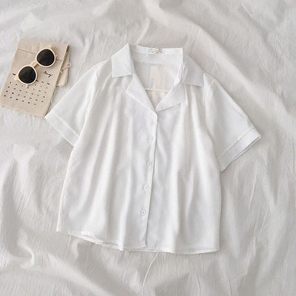 Elegant Women's Short Sleeve Blouse Korean Turndown Collar Chiffon Shirt - Picture 15 of 15