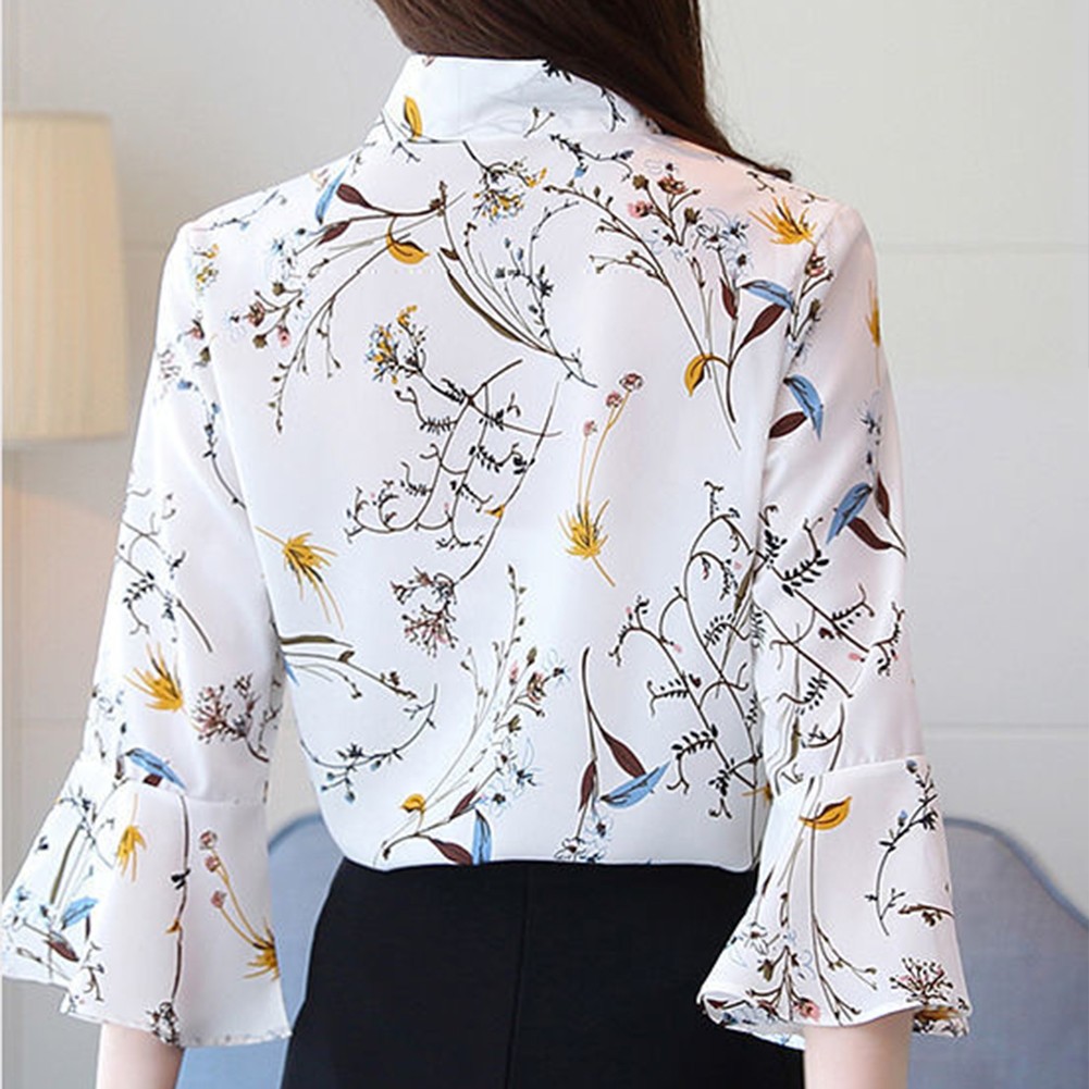 Elegant Spring Summer Three Quarter Sleeve Floral Printed Chiffon Blouse - Picture 27 of 35