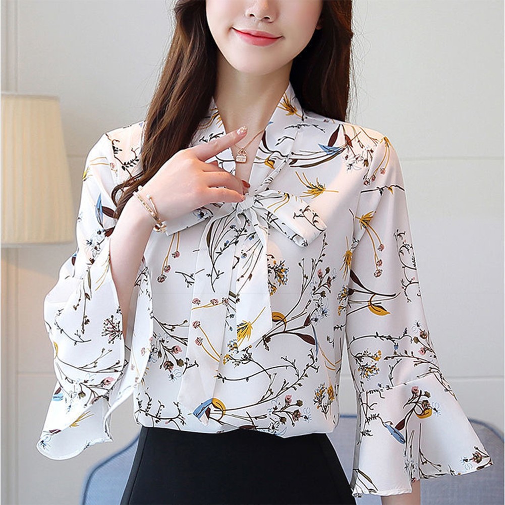 Elegant Spring Summer Three Quarter Sleeve Floral Printed Chiffon Blouse - Picture 22 of 35