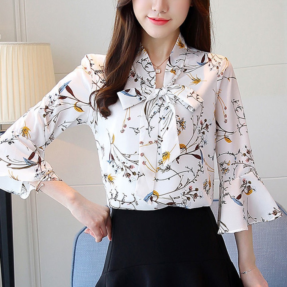 Elegant Spring Summer Three Quarter Sleeve Floral Printed Chiffon Blouse - Picture 30 of 35