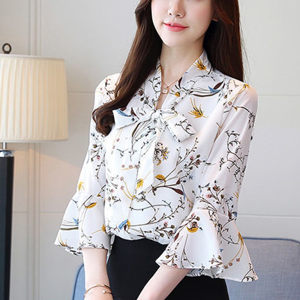 Elegant Spring Summer Three Quarter Sleeve Floral Printed Chiffon Blouse - Picture 25 of 35