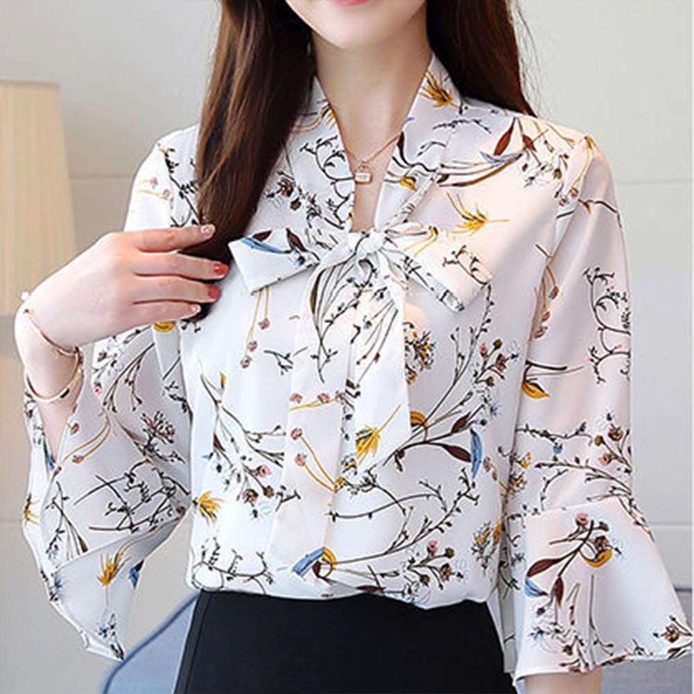 Elegant Spring Summer Three Quarter Sleeve Floral Printed Chiffon Blouse - Picture 19 of 35