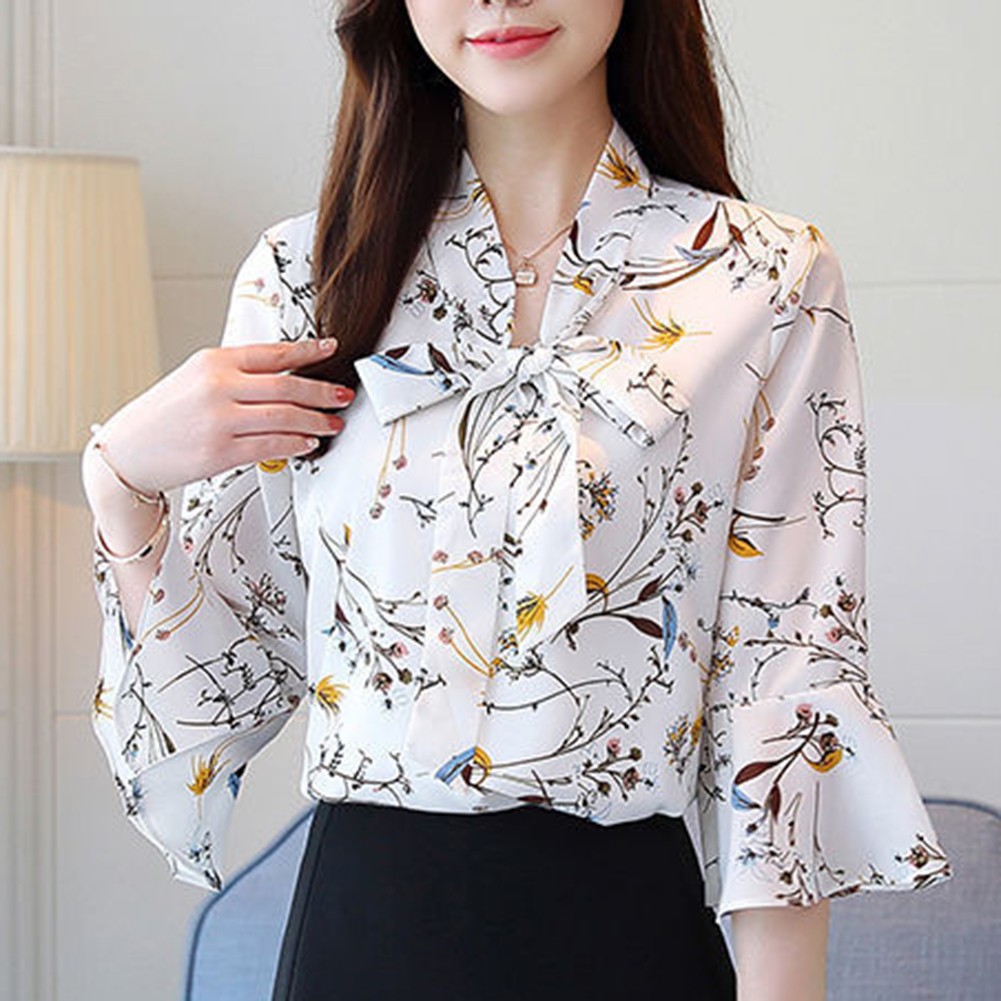 Elegant Spring Summer Three Quarter Sleeve Floral Printed Chiffon Blouse - Picture 26 of 35