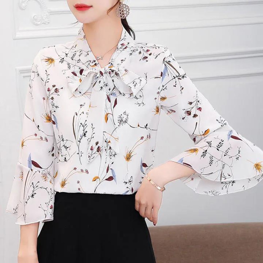 Elegant Spring Summer Three Quarter Sleeve Floral Printed Chiffon Blouse - Picture 23 of 35
