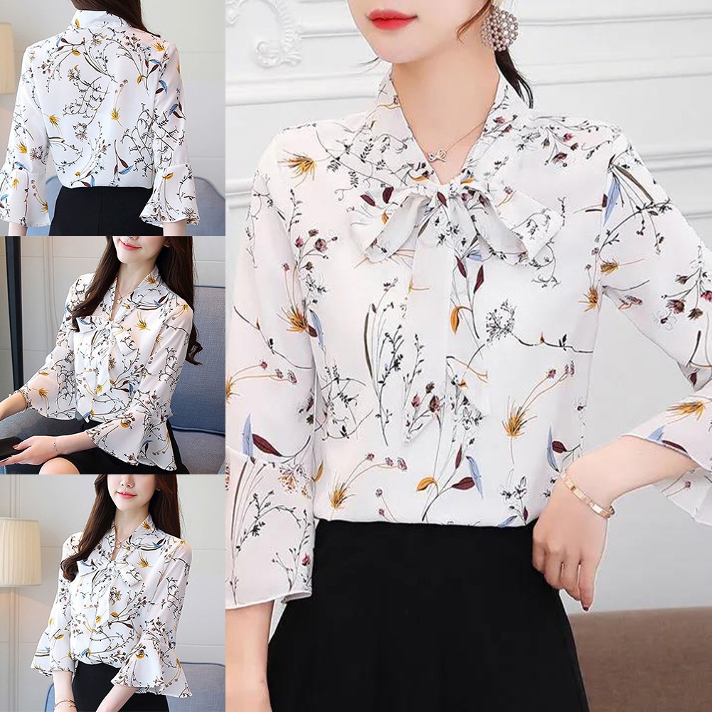 Elegant Spring Summer Three Quarter Sleeve Floral Printed Chiffon Blouse - Picture 20 of 35