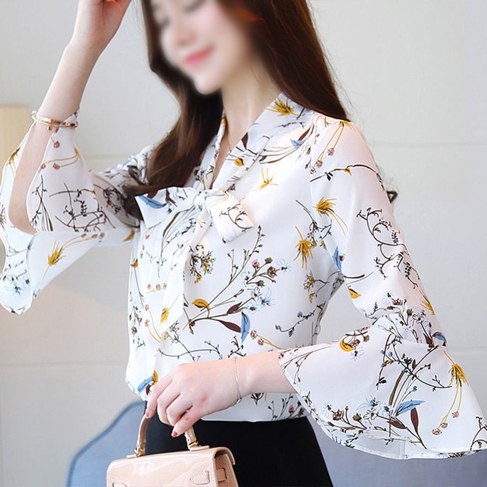 Elegant Spring Summer Three Quarter Sleeve Floral Printed Chiffon Blouse - Picture 21 of 35