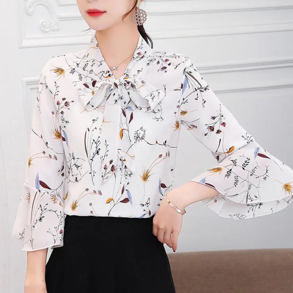 Elegant Spring Summer Three Quarter Sleeve Floral Printed Chiffon Blouse - Picture 24 of 35