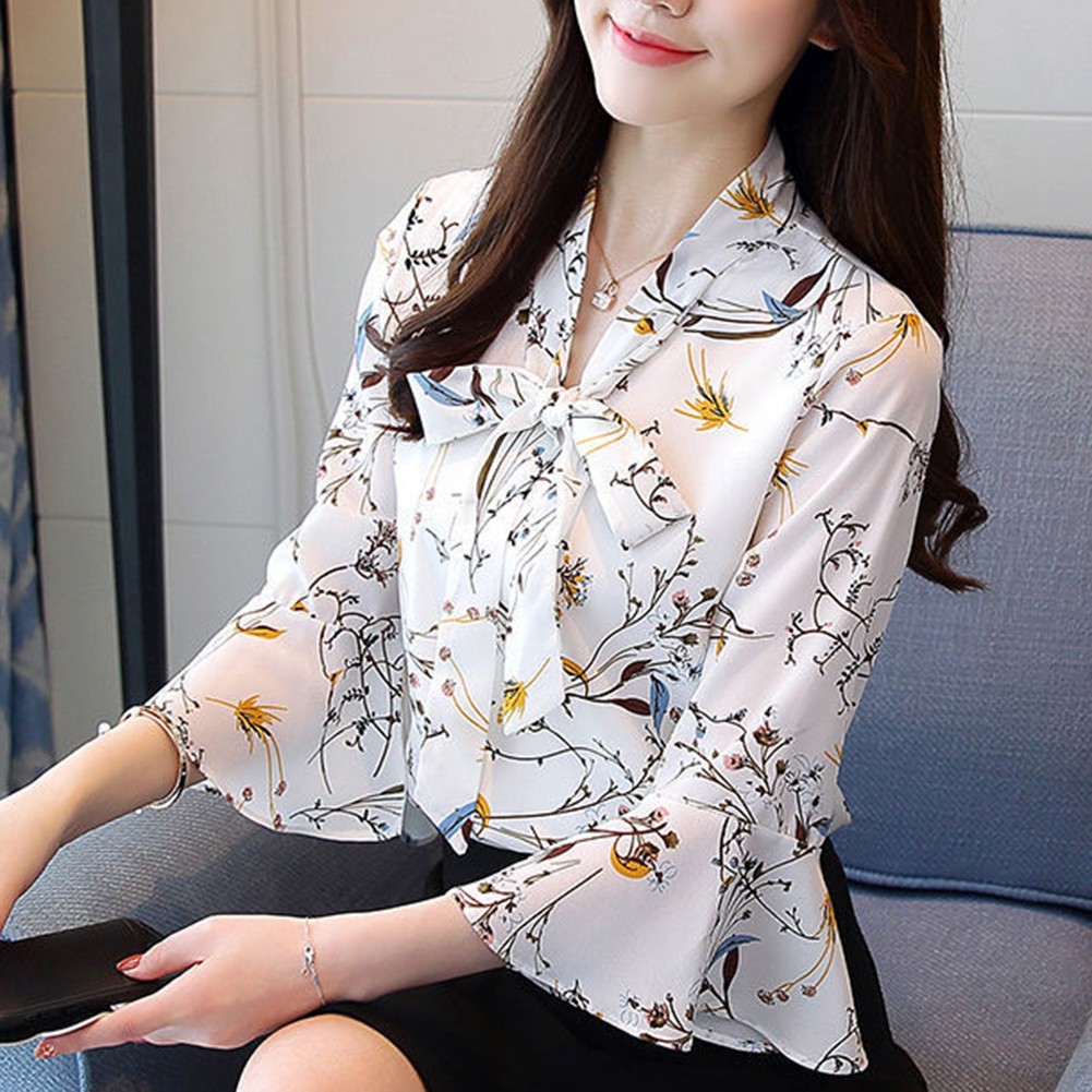 Elegant Spring Summer Three Quarter Sleeve Floral Printed Chiffon Blouse - Picture 29 of 35