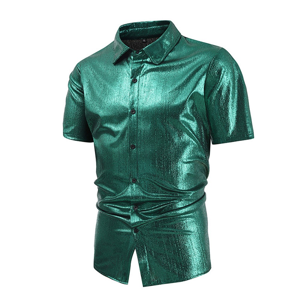 Sofisticata camicia uomo slim fit lucida manica corta per top night club - Foto 22 di 27