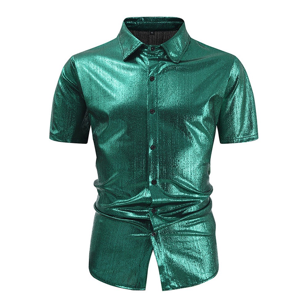 Sofisticata camicia uomo slim fit lucida manica corta per top night club - Foto 20 di 27