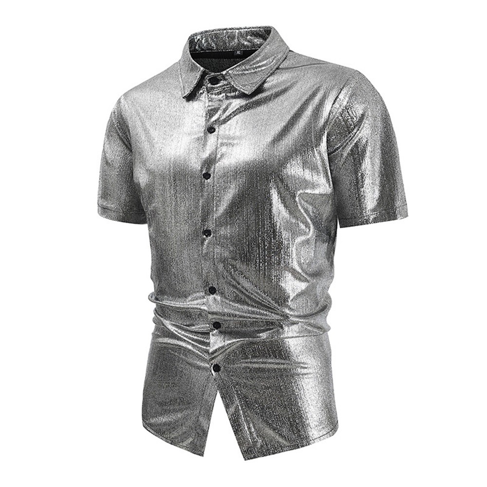 Sofisticata camicia uomo slim fit lucida manica corta per top night club - Foto 14 di 27