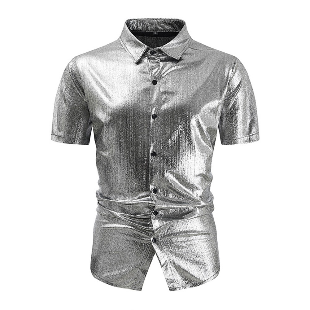 Sofisticata camicia uomo slim fit lucida manica corta per top night club - Foto 13 di 27