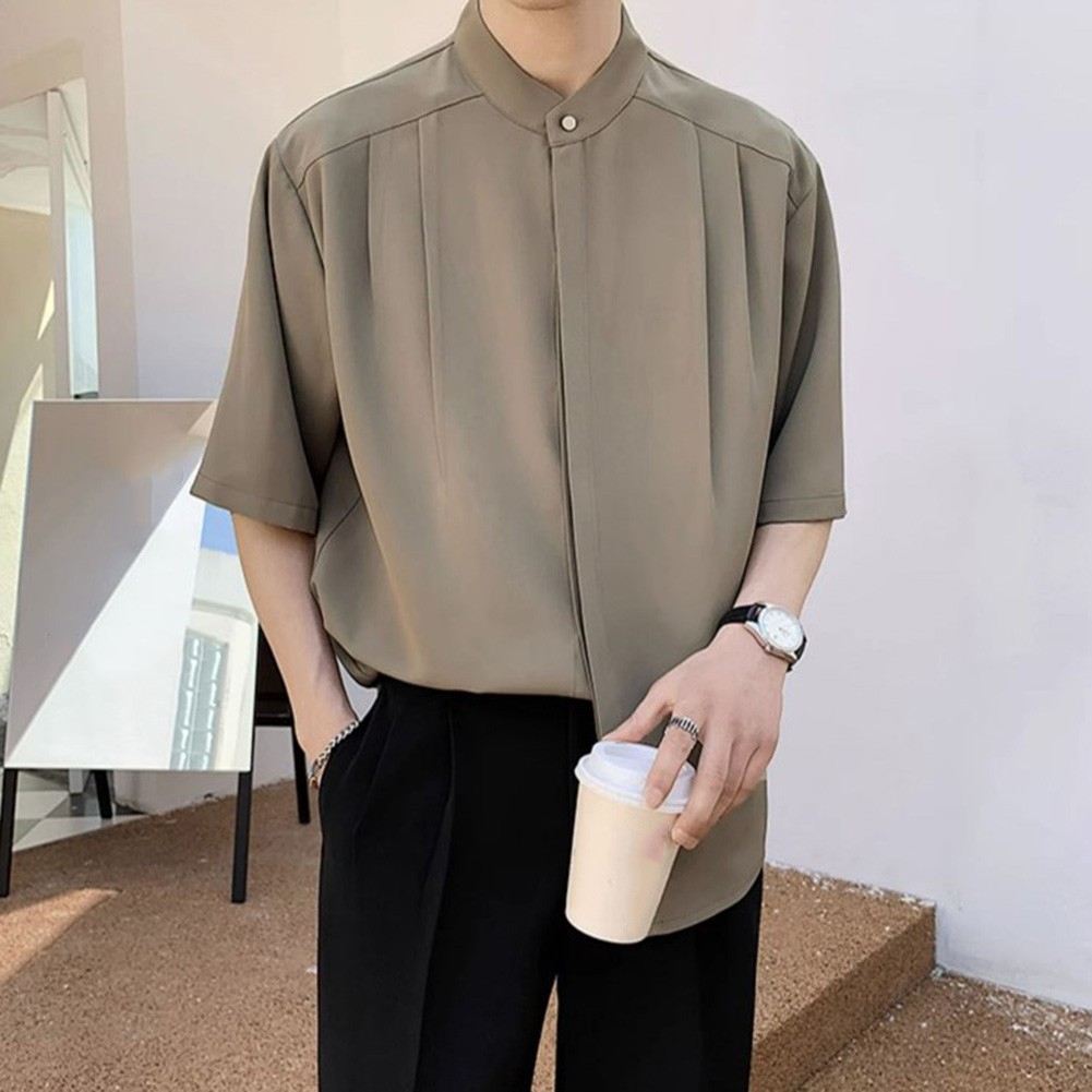 Summer Black Men Plain Loose Casual Short Sleeve Shirt Handsome Button Top - Picture 30 of 34
