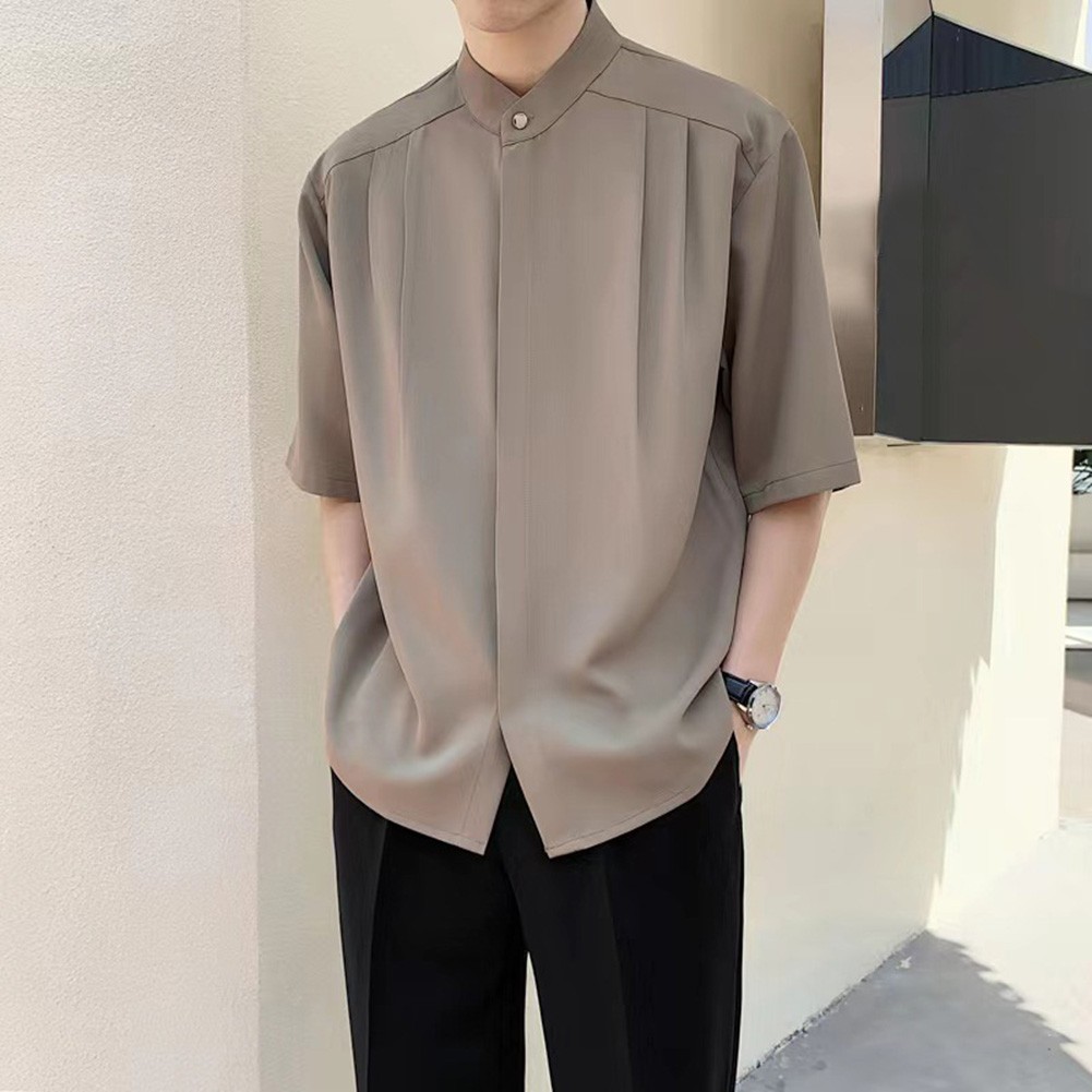 Summer Black Men Plain Loose Casual Short Sleeve Shirt Handsome Button Top - Picture 24 of 34