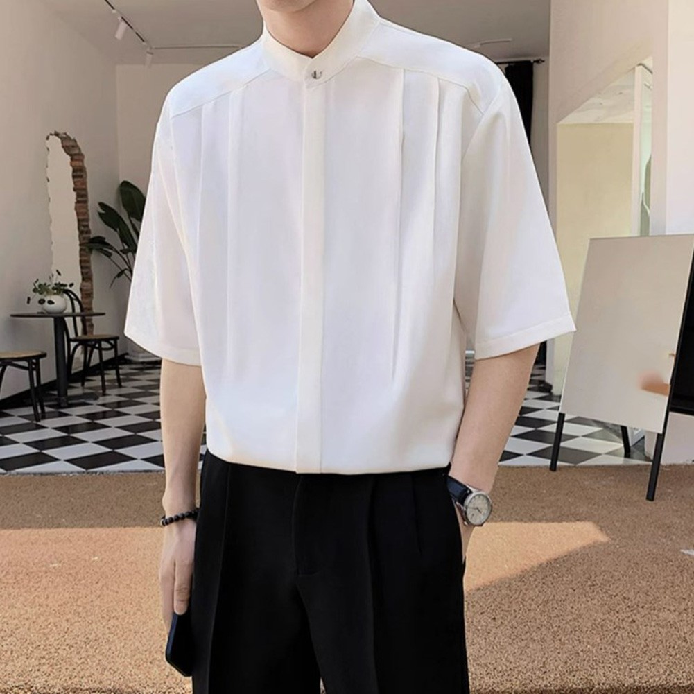 Summer Black Men Plain Loose Casual Short Sleeve Shirt Handsome Button Top - Picture 19 of 34