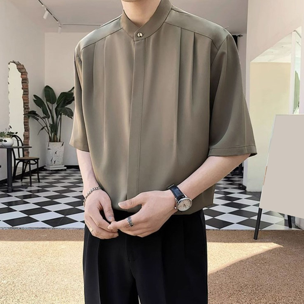 Summer Black Men Plain Loose Casual Short Sleeve Shirt Handsome Button Top - Picture 33 of 34