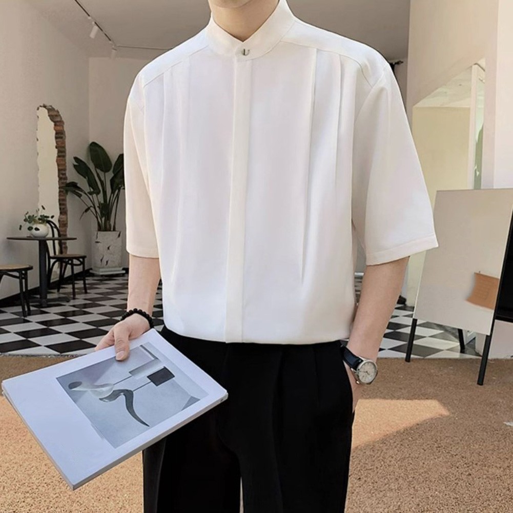 Summer Black Men Plain Loose Casual Short Sleeve Shirt Handsome Button Top - Picture 18 of 34