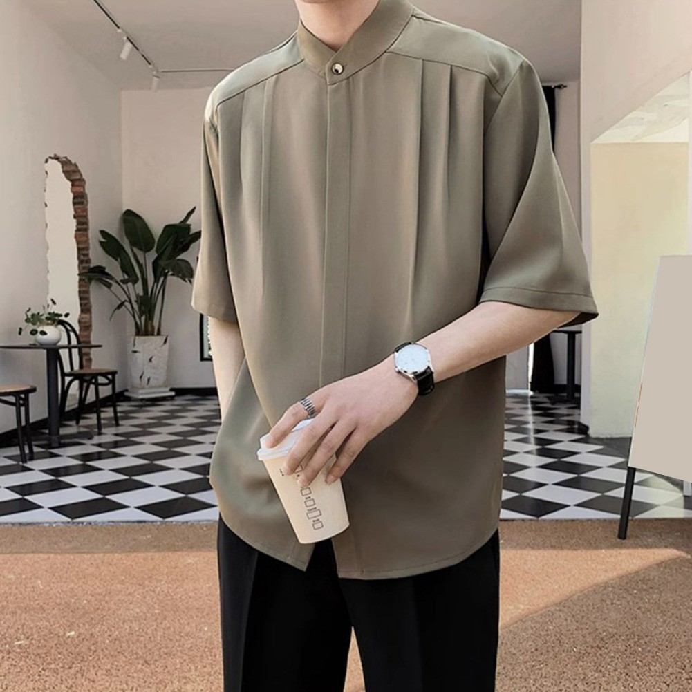 Summer Black Men Plain Loose Casual Short Sleeve Shirt Handsome Button Top - Picture 28 of 34
