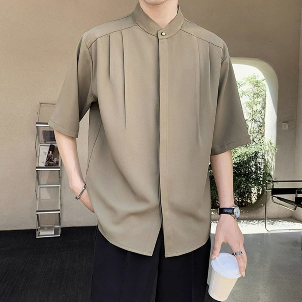 Summer Black Men Plain Loose Casual Short Sleeve Shirt Handsome Button Top - Picture 26 of 34