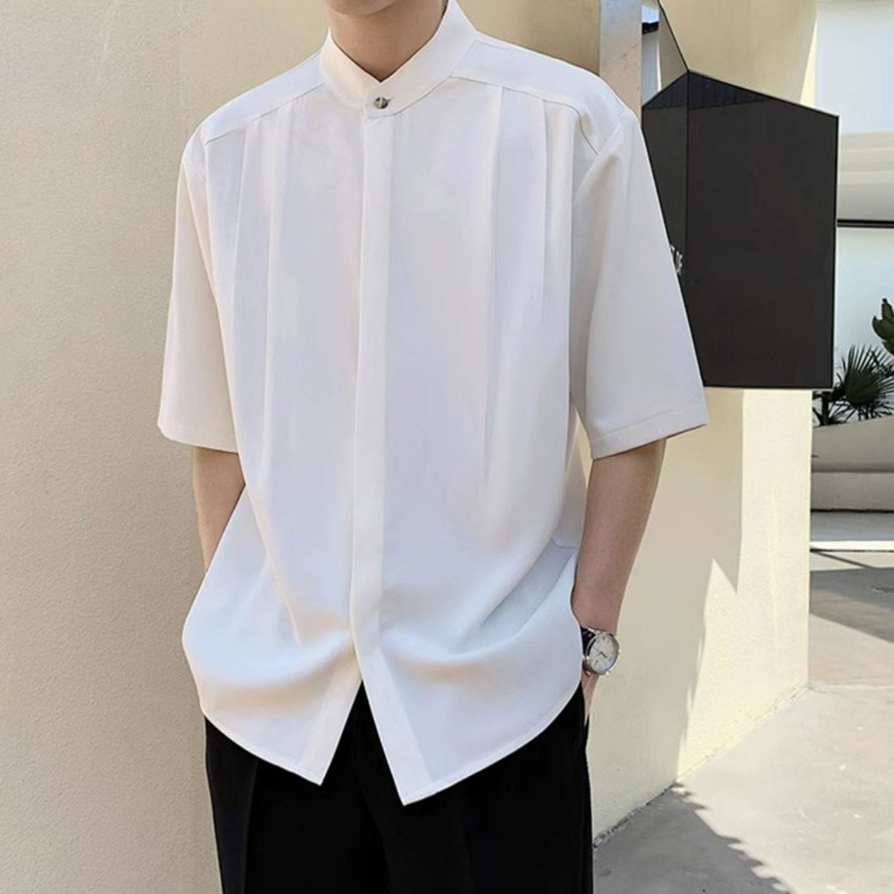 Summer Black Men Plain Loose Casual Short Sleeve Shirt Handsome Button Top - Picture 17 of 34