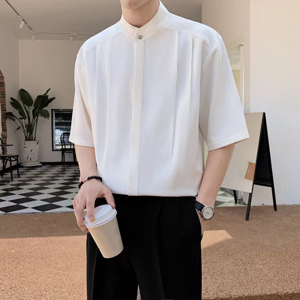 Summer Black Men Plain Loose Casual Short Sleeve Shirt Handsome Button Top - Picture 15 of 34