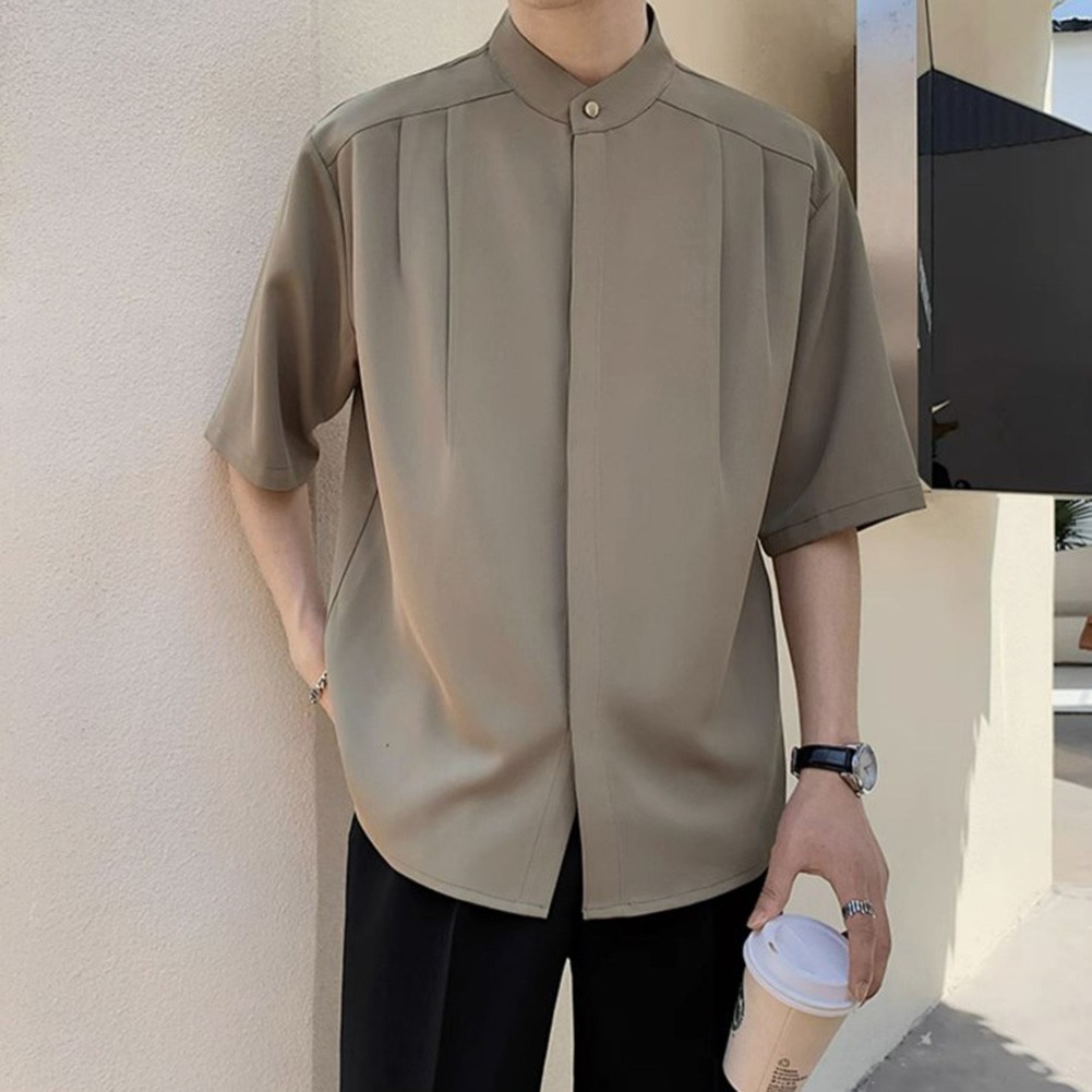 Summer Black Men Plain Loose Casual Short Sleeve Shirt Handsome Button Top - Picture 25 of 34