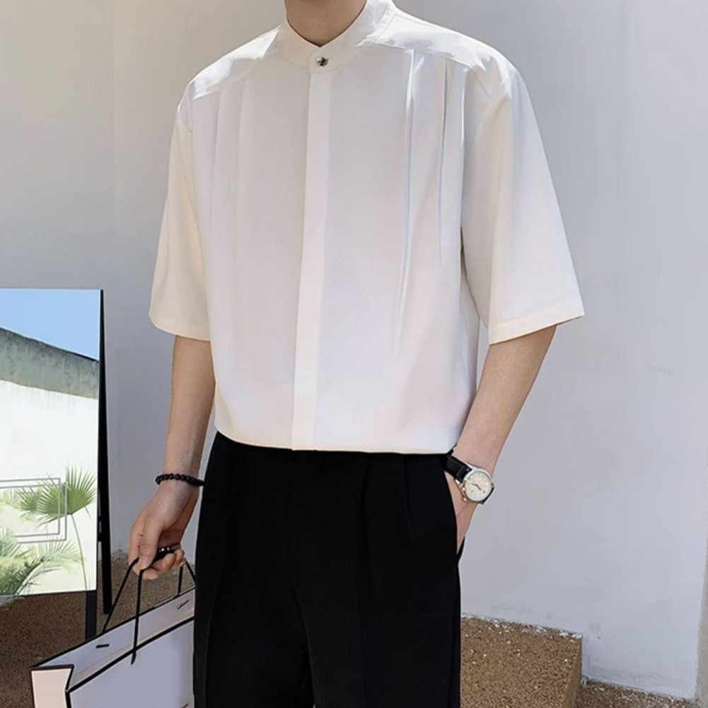 Summer Black Men Plain Loose Casual Short Sleeve Shirt Handsome Button Top - Picture 20 of 34